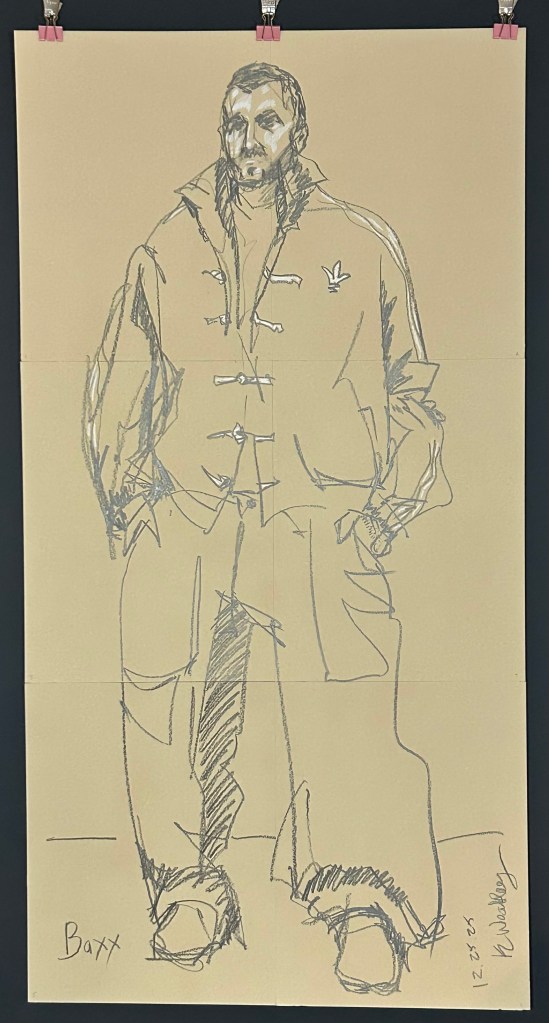 full length portrait graphite white charcoal beige paper